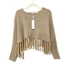 525 America Fringed Tan Knit Poncho Sweater One Size